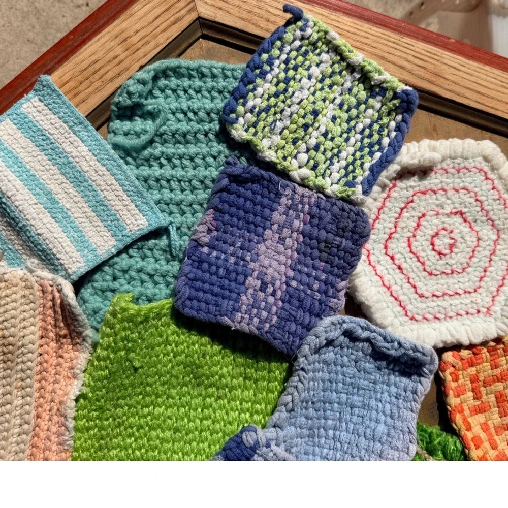 Vintage Handmade Woven Crochet Pot Holders Coasters Lot 12 pc MultiColor Folk